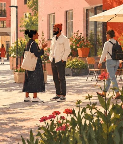Utsnitt ur illustrationen av torget: två personer står och samtalar.