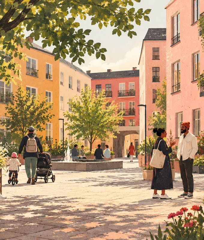 Ett solbelyst torg mellan flerfamiljshus, med träd, en fontän och människor som möts, vilar och går förbi.